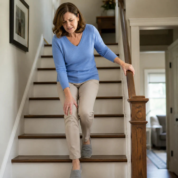 Woman on the stairs at home holding her painful knee
