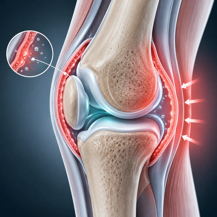 Illustration of a knee joint with the irritated inner membrane highlighted in red
